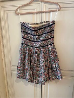 Free People Multicolor Floral Mini ROMPER with Navy Trim
